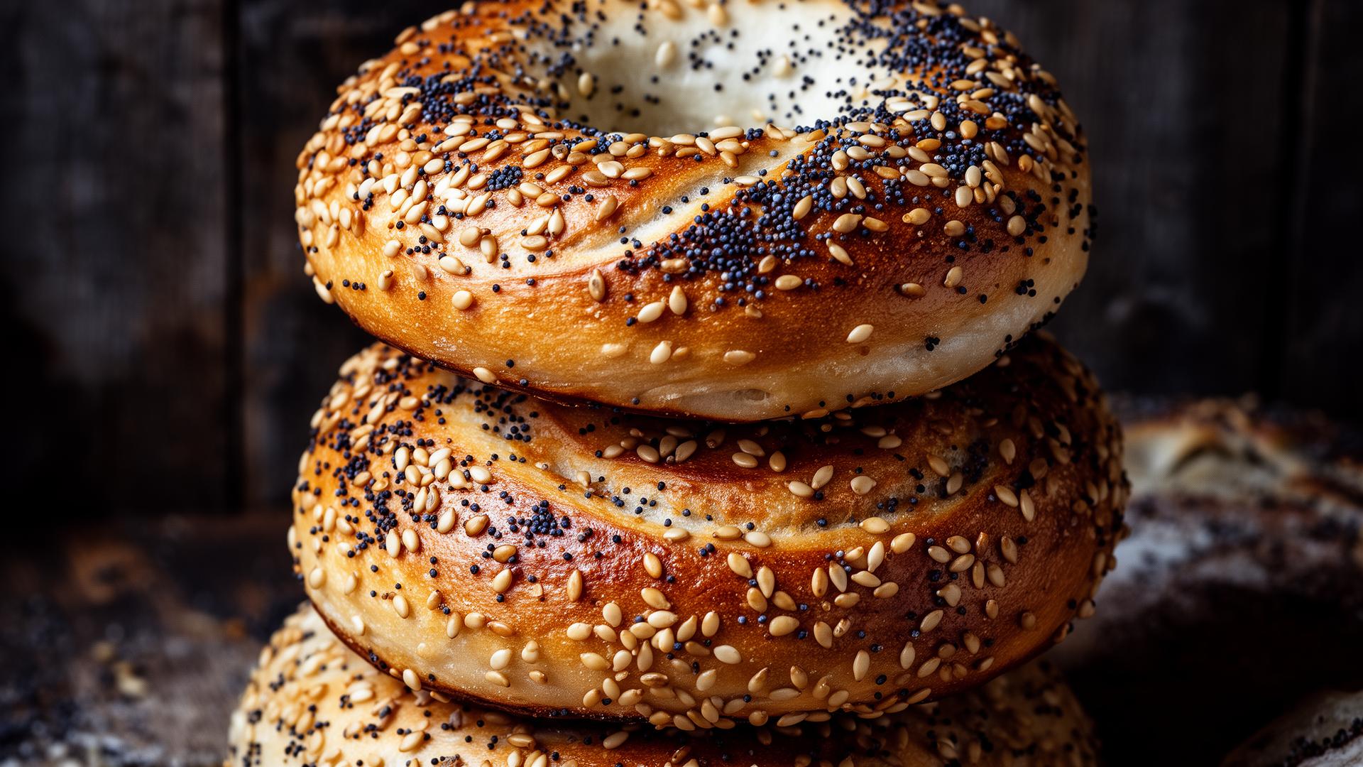 Stack of seeded artisan bagels with sesame and poppy seeds