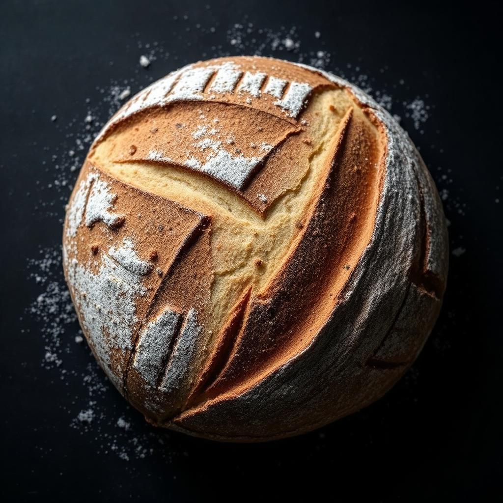 Rustic sourdough loaf with a scored crust on dark slate